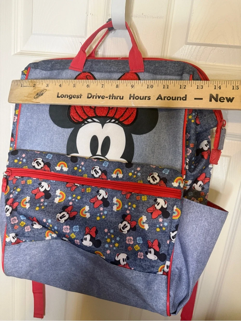 Disney Minnie Mouse Denim Rainbow Floral Pocket Backpack Bookbag Large